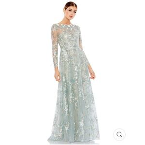 NWT Mac Duggal FLORAL EMBROIDERED ILLUSION LONG SLEEVE GOWN in Mist